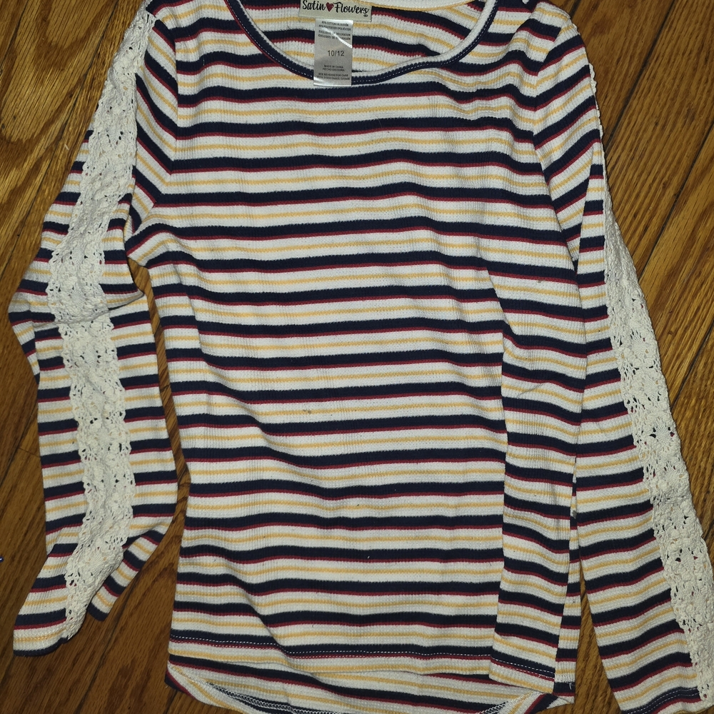 Girls' Striped Long Sleeve Top with Lace Sleeves - Navy/White/Yellow